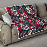White Red Sugar Skull Pattern Print Quilt