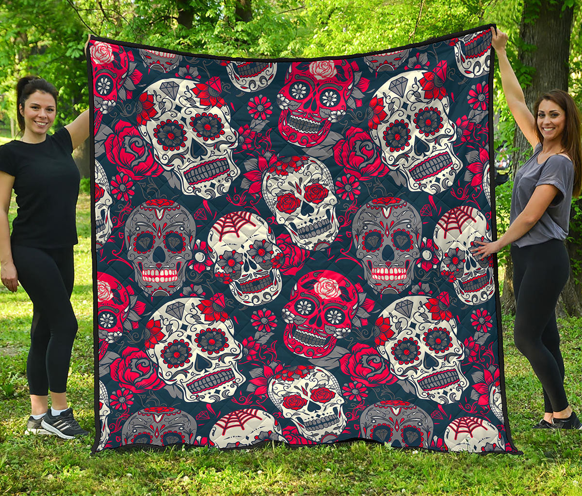 White Red Sugar Skull Pattern Print Quilt