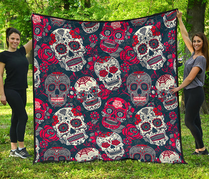 White Red Sugar Skull Pattern Print Quilt