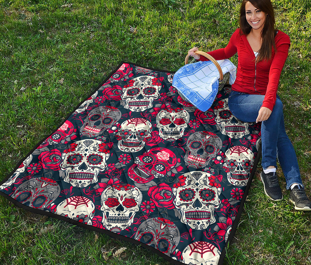 White Red Sugar Skull Pattern Print Quilt