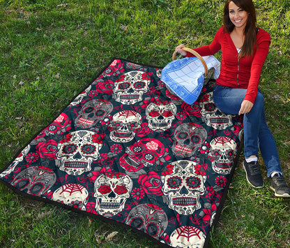 White Red Sugar Skull Pattern Print Quilt
