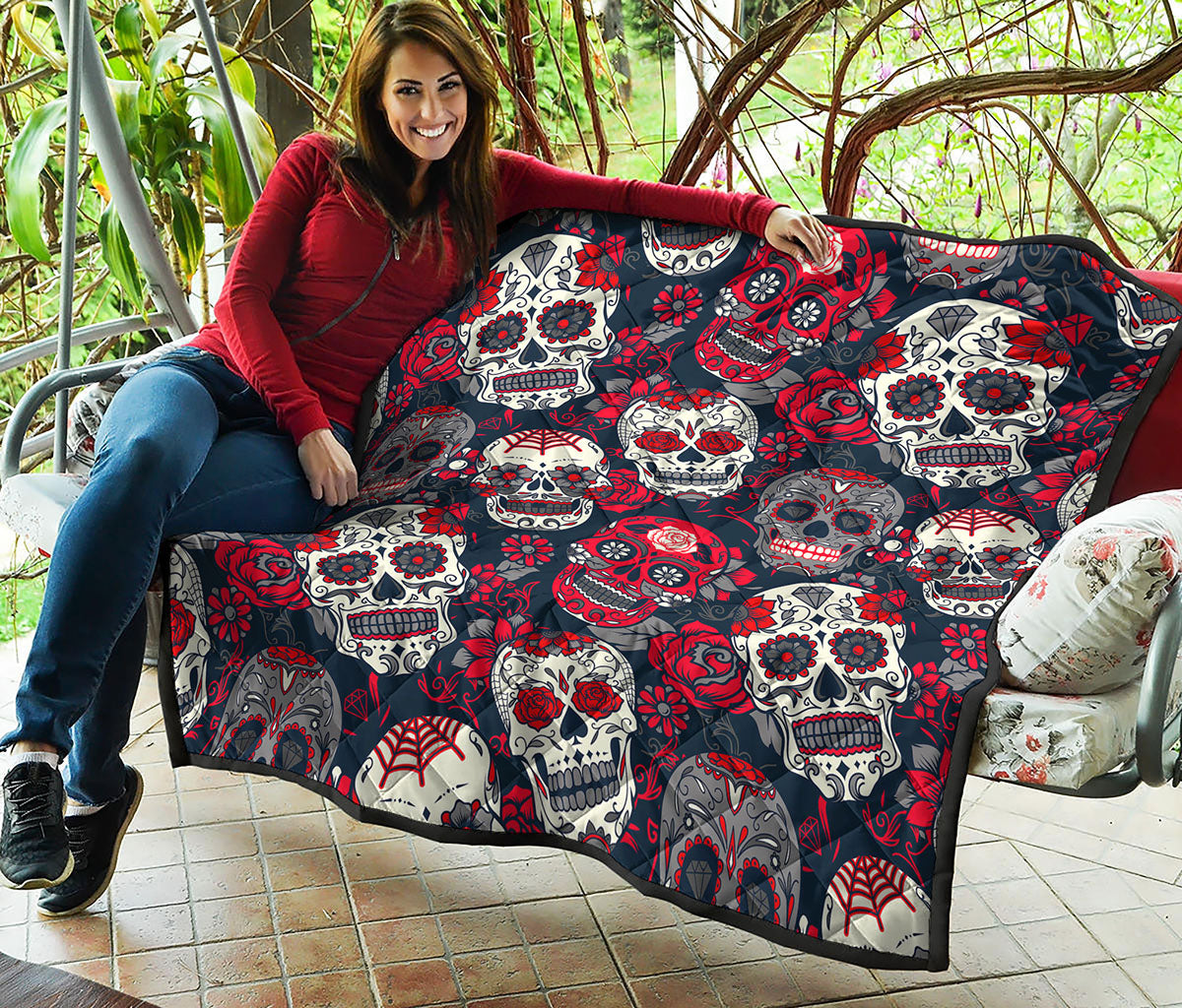 White Red Sugar Skull Pattern Print Quilt