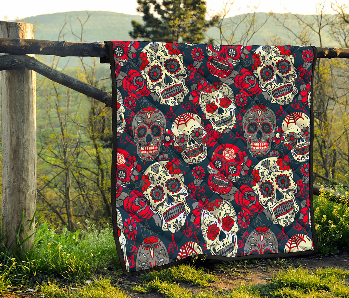 White Red Sugar Skull Pattern Print Quilt