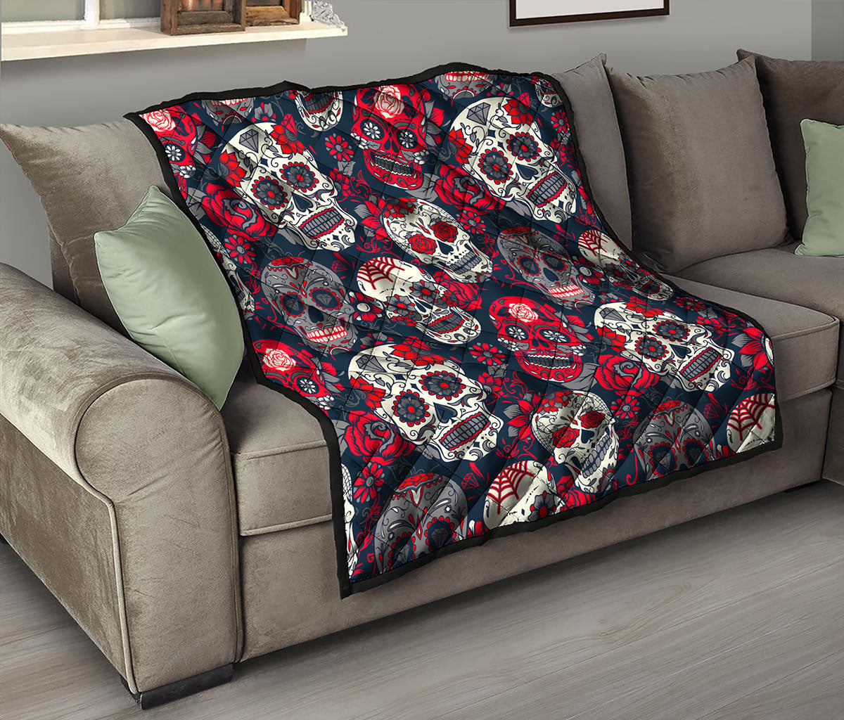 White Red Sugar Skull Pattern Print Quilt