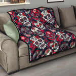 White Red Sugar Skull Pattern Print Quilt