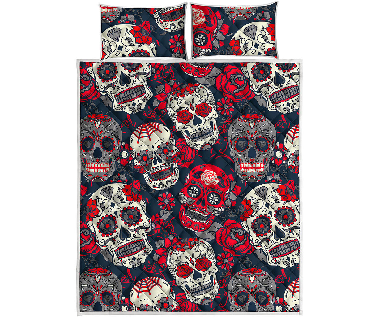 White Red Sugar Skull Pattern Print Quilt Bed Set