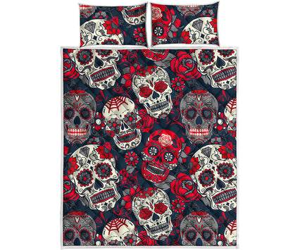 White Red Sugar Skull Pattern Print Quilt Bed Set