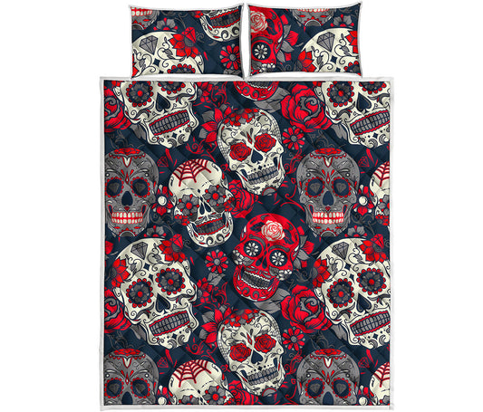 White Red Sugar Skull Pattern Print Quilt Bed Set