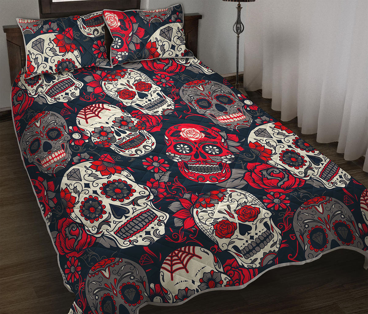 White Red Sugar Skull Pattern Print Quilt Bed Set