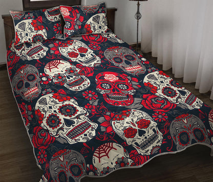 White Red Sugar Skull Pattern Print Quilt Bed Set