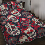 White Red Sugar Skull Pattern Print Quilt Bed Set