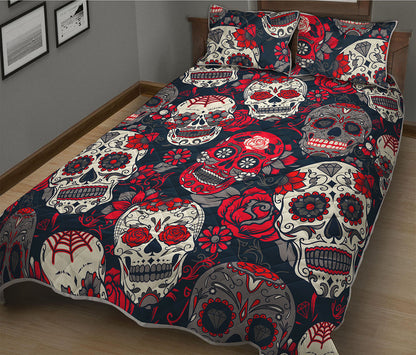 White Red Sugar Skull Pattern Print Quilt Bed Set