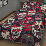 White Red Sugar Skull Pattern Print Quilt Bed Set