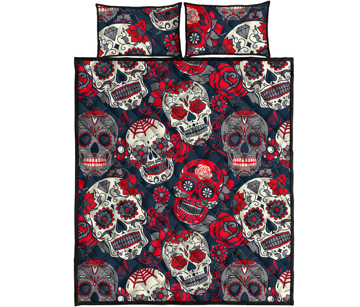 White Red Sugar Skull Pattern Print Quilt Bed Set