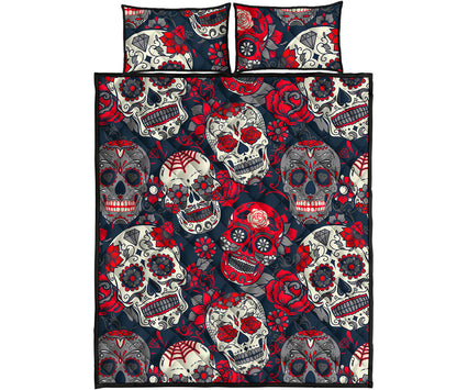 White Red Sugar Skull Pattern Print Quilt Bed Set