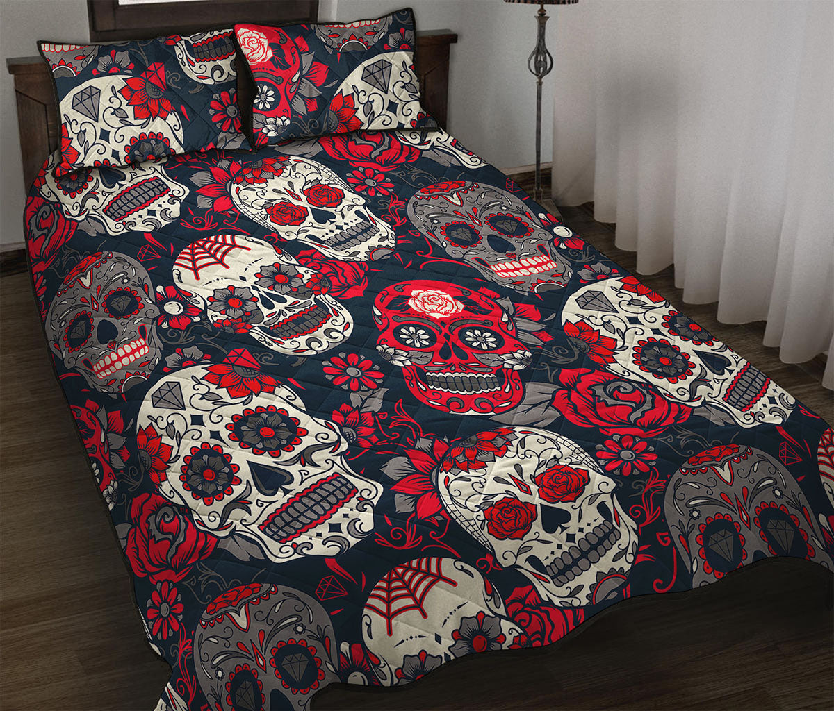 White Red Sugar Skull Pattern Print Quilt Bed Set