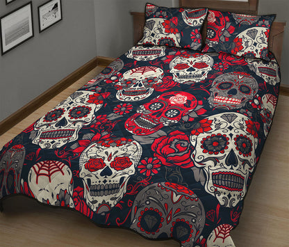 White Red Sugar Skull Pattern Print Quilt Bed Set