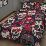 White Red Sugar Skull Pattern Print Quilt Bed Set