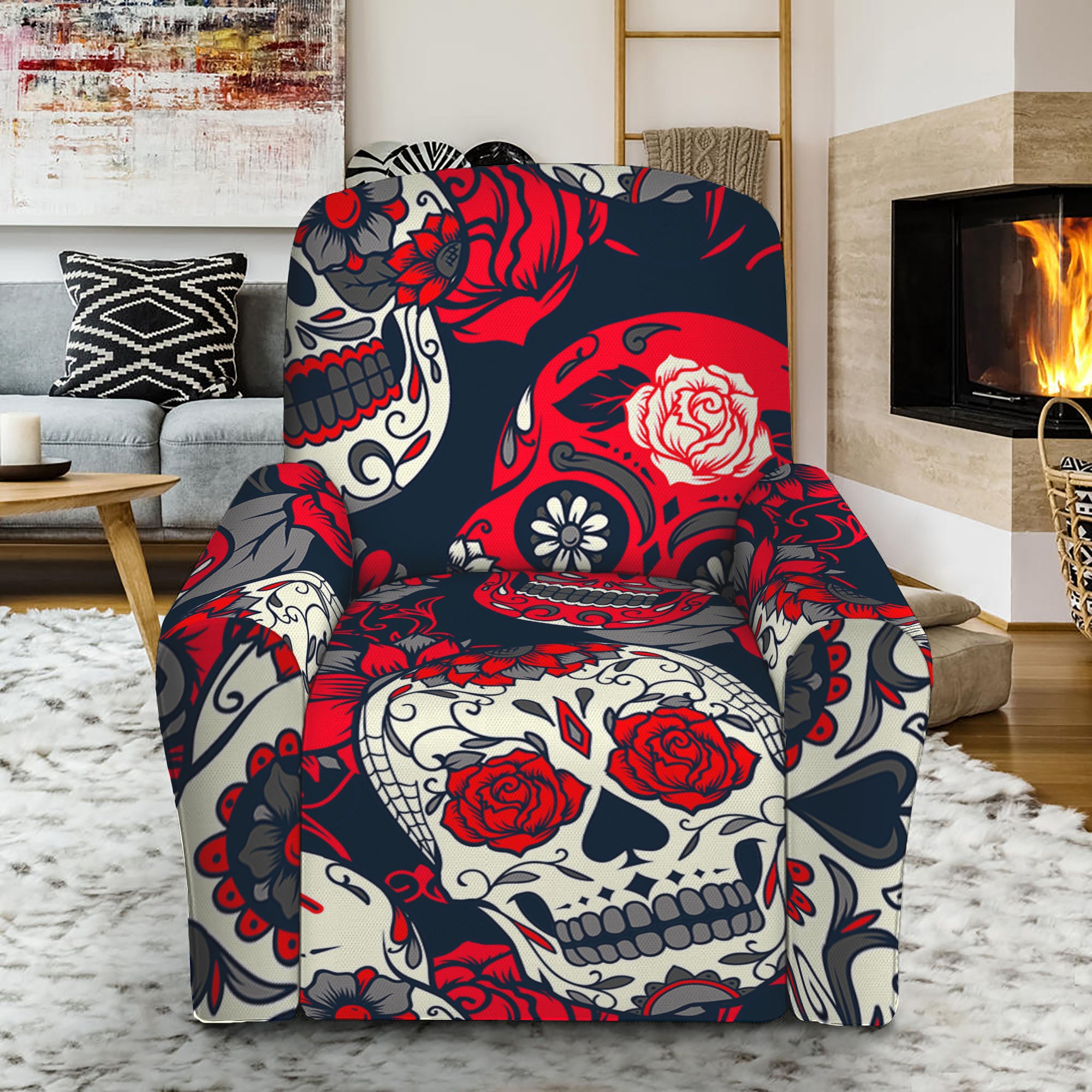 White Red Sugar Skull Pattern Print Recliner Slipcover