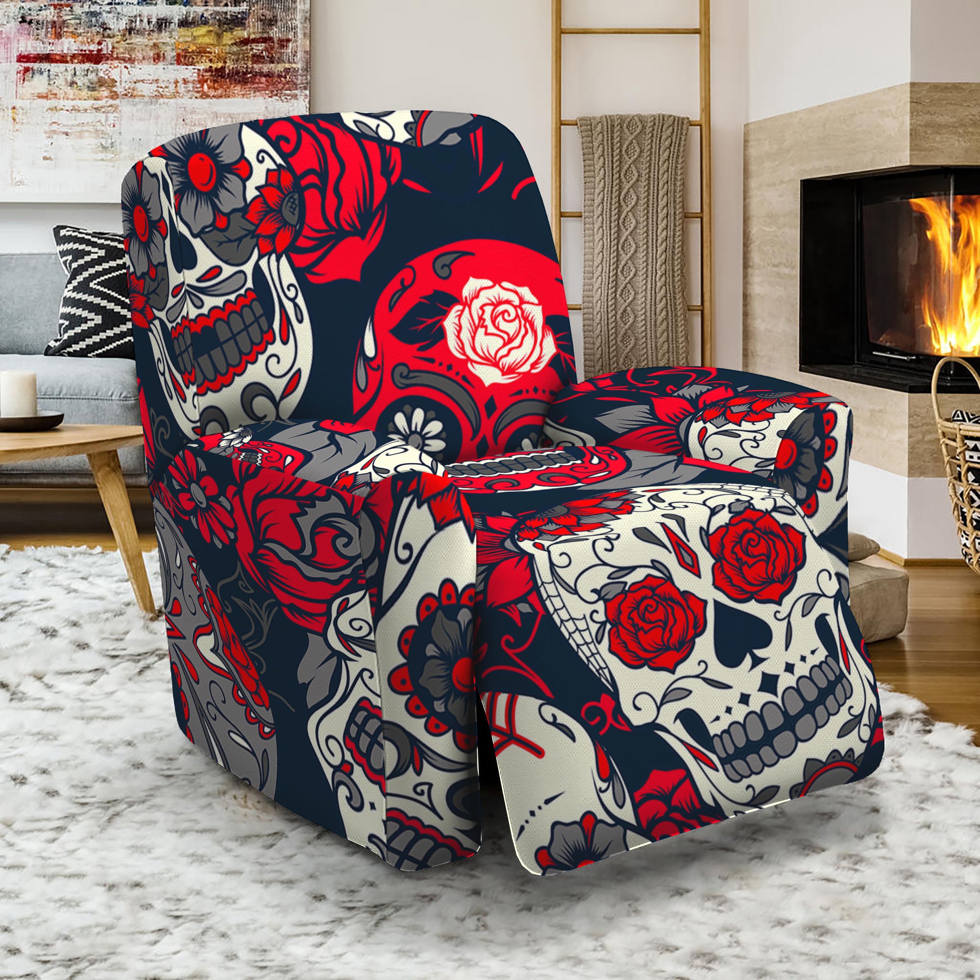 White Red Sugar Skull Pattern Print Recliner Slipcover