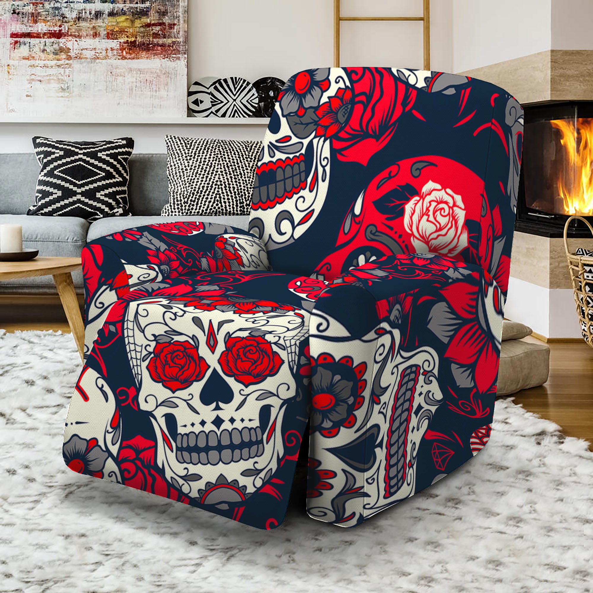 White Red Sugar Skull Pattern Print Recliner Slipcover