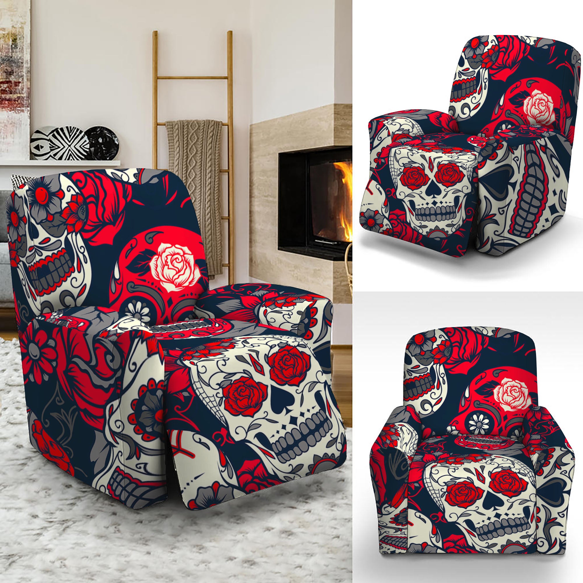 White Red Sugar Skull Pattern Print Recliner Slipcover