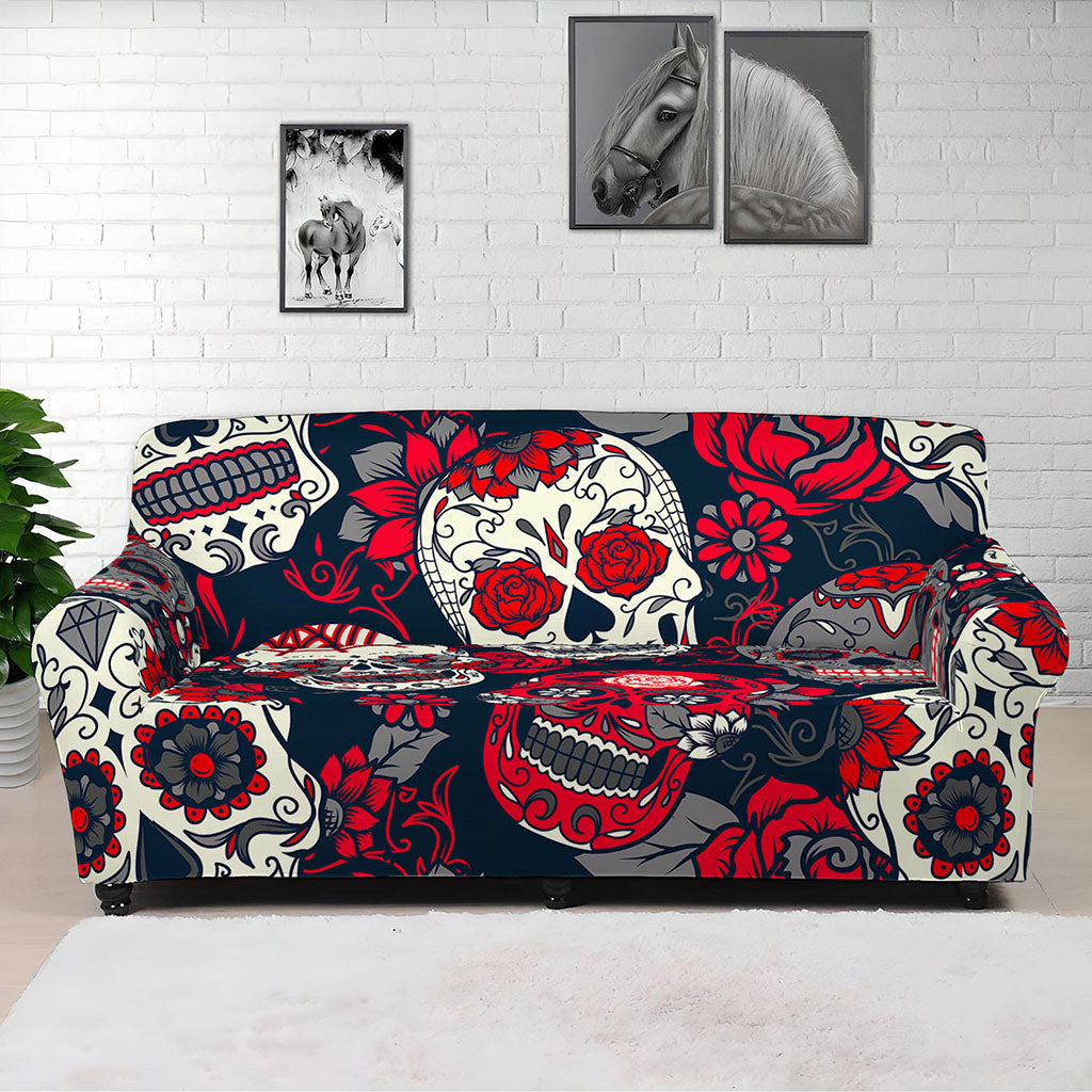 White Red Sugar Skull Pattern Print Sofa Cover