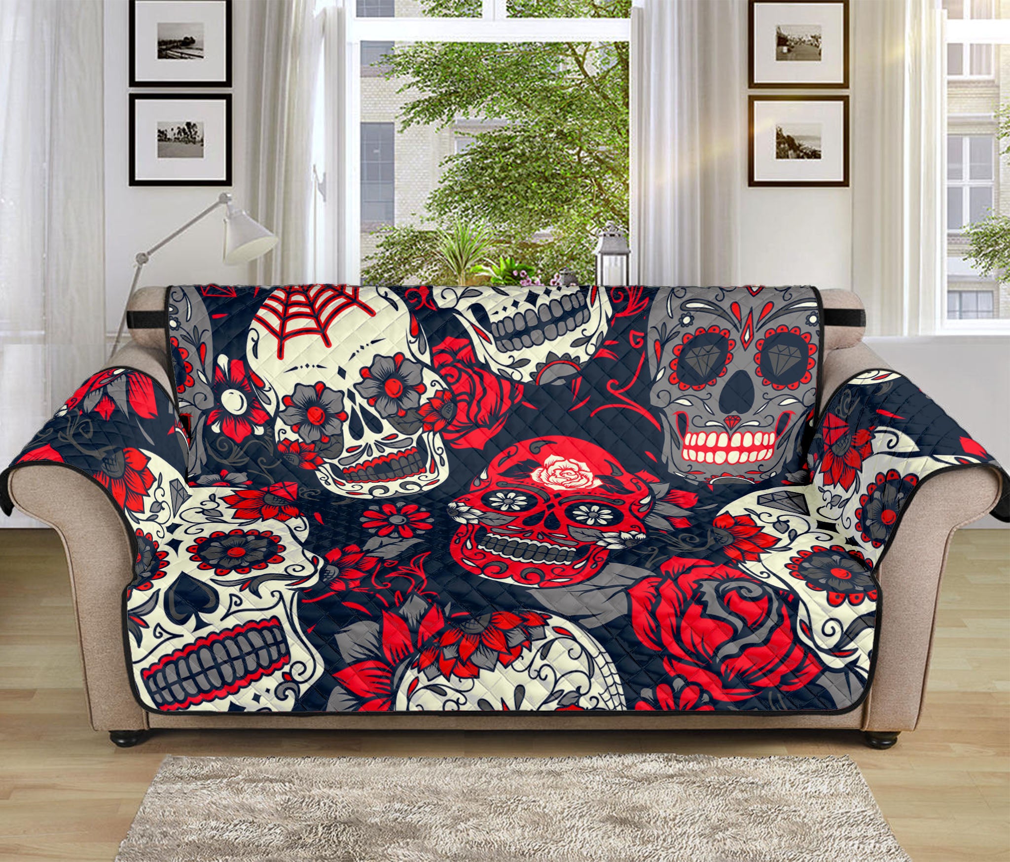 White Red Sugar Skull Pattern Print Sofa Protector