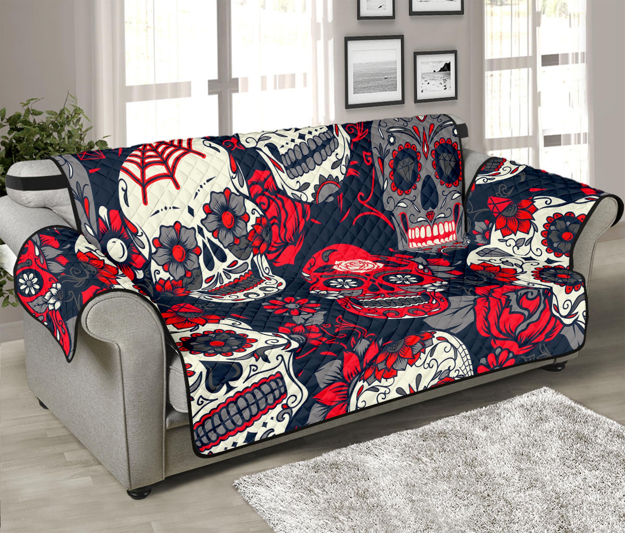 White Red Sugar Skull Pattern Print Sofa Protector