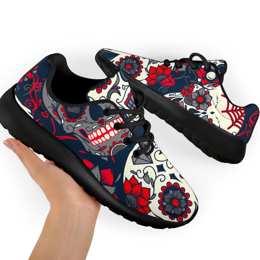 White Red Sugar Skull Pattern Print Sport Shoes GearFrost