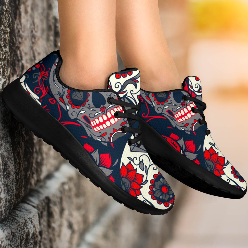 White Red Sugar Skull Pattern Print Sport Shoes GearFrost