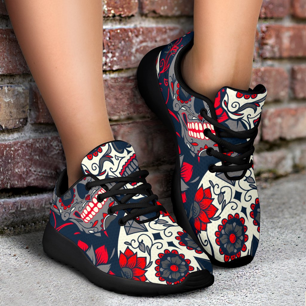 White Red Sugar Skull Pattern Print Sport Shoes GearFrost