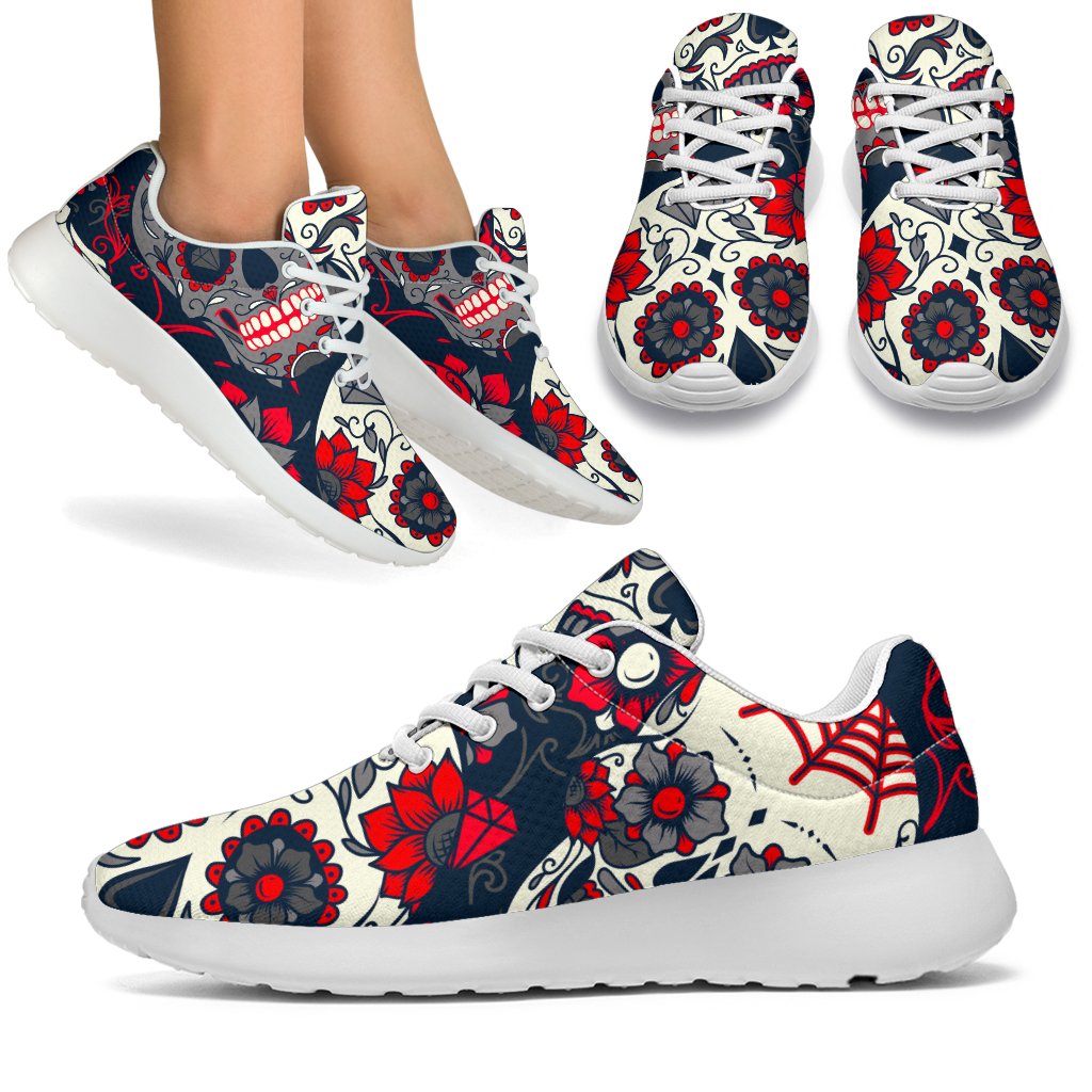 White Red Sugar Skull Pattern Print Sport Shoes GearFrost