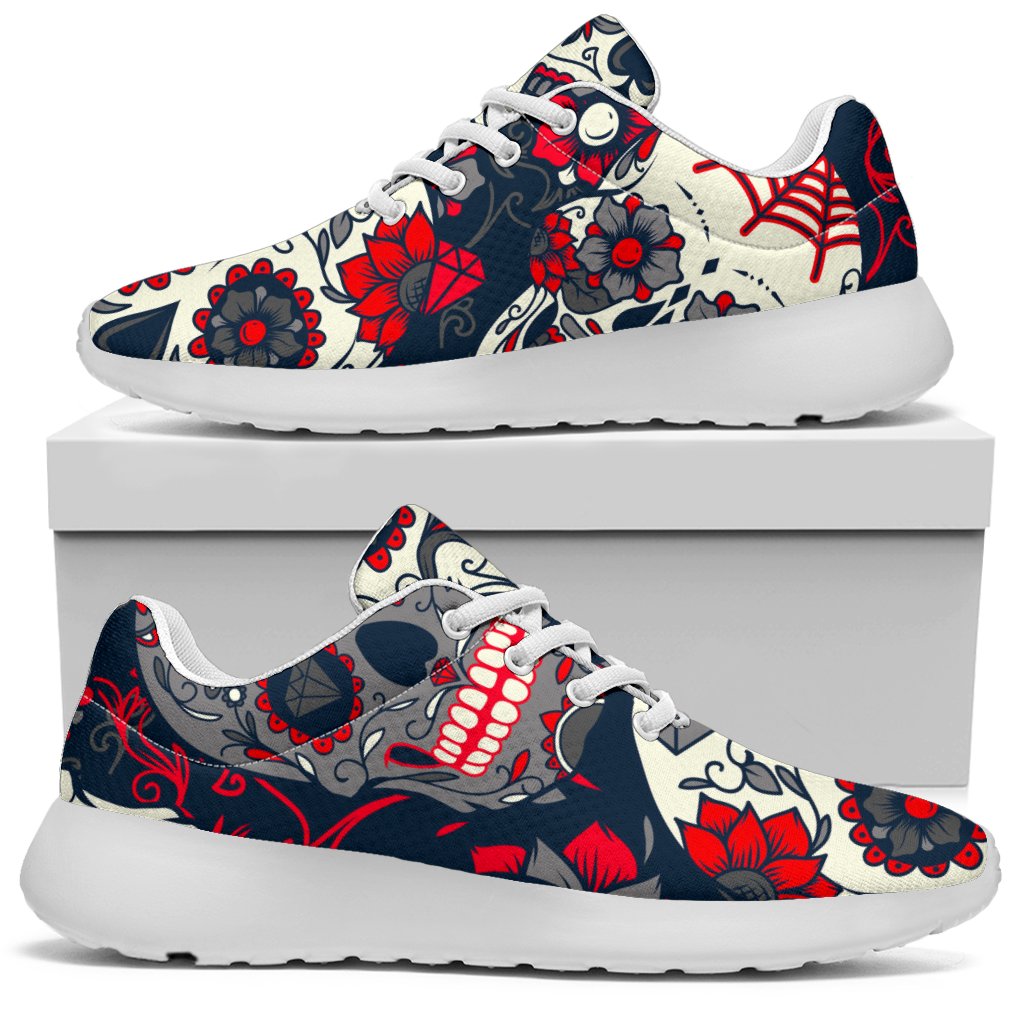 White Red Sugar Skull Pattern Print Sport Shoes GearFrost