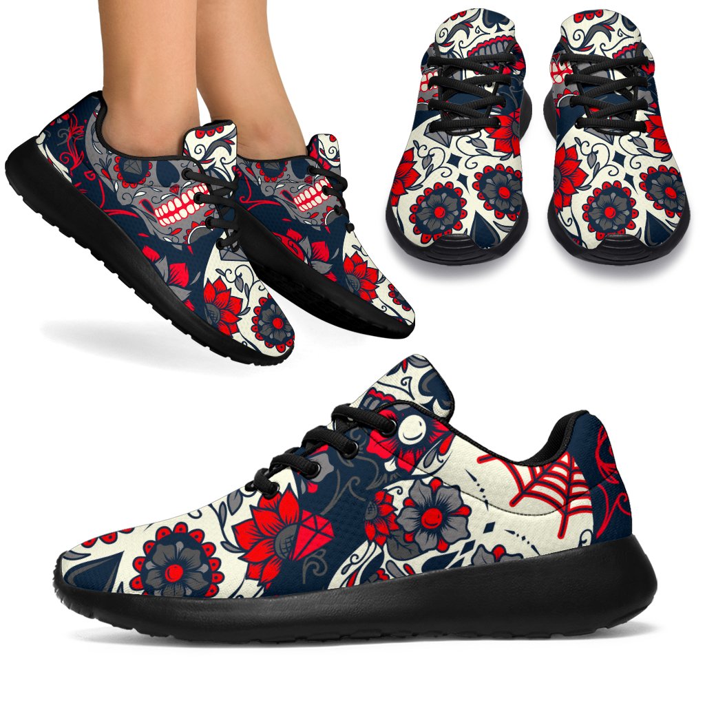 White Red Sugar Skull Pattern Print Sport Shoes GearFrost