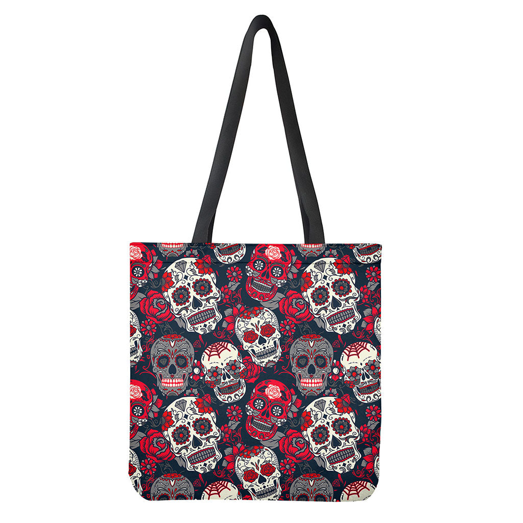 White Red Sugar Skull Pattern Print Tote Bag