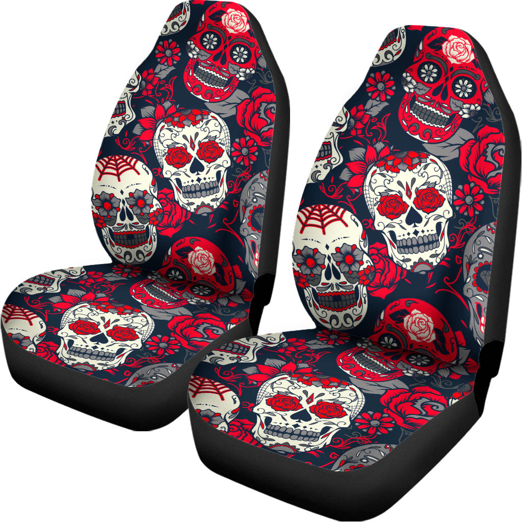White Red Sugar Skull Pattern Print Universal Fit Car Seat Covers
