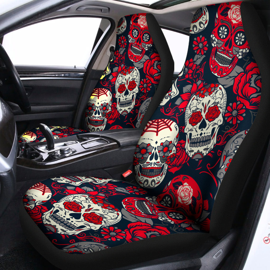 White Red Sugar Skull Pattern Print Universal Fit Car Seat Covers