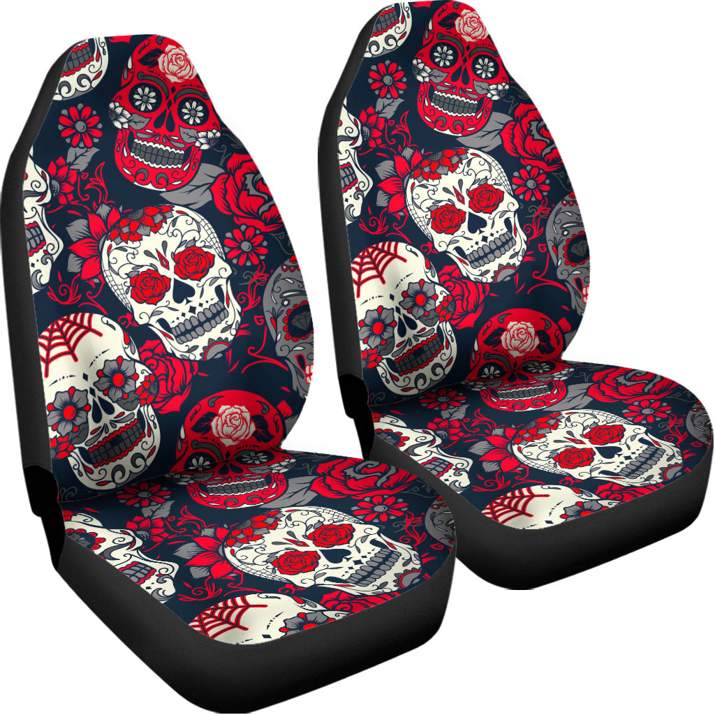 White Red Sugar Skull Pattern Print Universal Fit Car Seat Covers