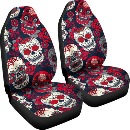White Red Sugar Skull Pattern Print Universal Fit Car Seat Covers