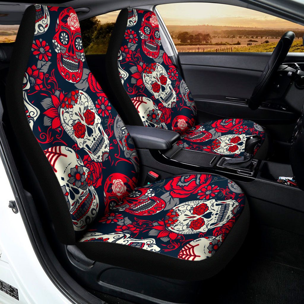 White Red Sugar Skull Pattern Print Universal Fit Car Seat Covers