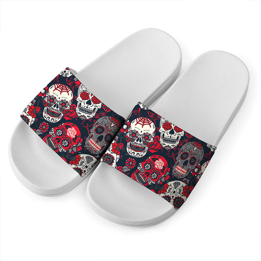 White Red Sugar Skull Pattern Print White Slide Sandals