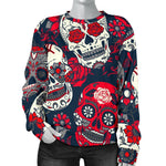 White Red Sugar Skull Pattern Print Women's Crewneck Sweatshirt GearFrost