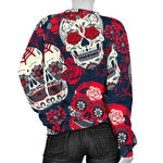 White Red Sugar Skull Pattern Print Women's Crewneck Sweatshirt GearFrost
