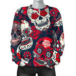 White Red Sugar Skull Pattern Print Women's Crewneck Sweatshirt GearFrost