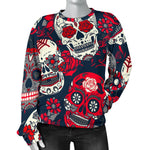 White Red Sugar Skull Pattern Print Women's Crewneck Sweatshirt GearFrost