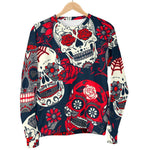 White Red Sugar Skull Pattern Print Women's Crewneck Sweatshirt GearFrost