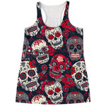 White Red Sugar Skull Pattern Print Women's Racerback Tank Top