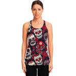 White Red Sugar Skull Pattern Print Women's Racerback Tank Top
