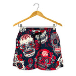 White Red Sugar Skull Pattern Print Women's Shorts